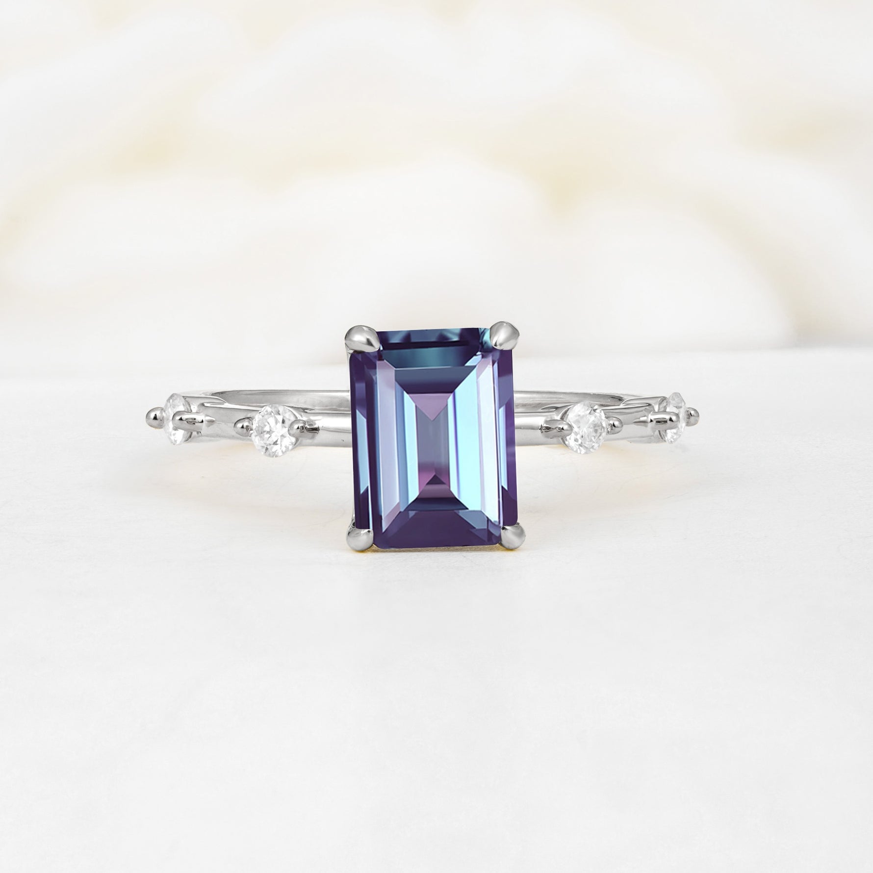Minimalist Emerald Cut Side Stone Accent Alexandrite Engagement Ring - Additional view
