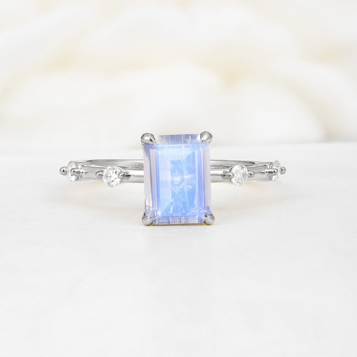Minimalist Emerald Cut Side Stone Accent Moonstone Engagement Ring - Additional view