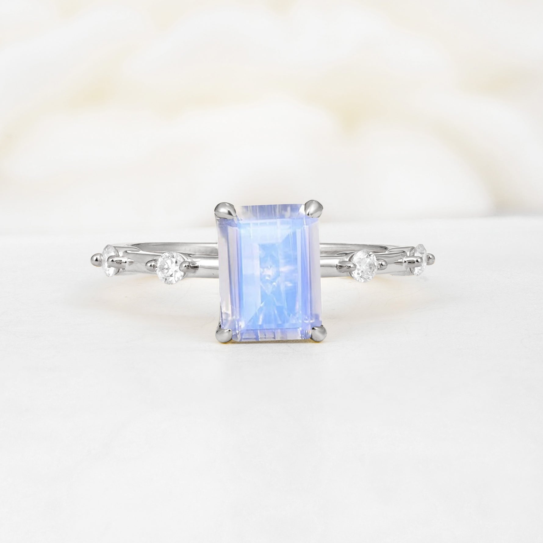 Minimalist Emerald Cut Side Stone Accent Moonstone Engagement Ring - Additional view