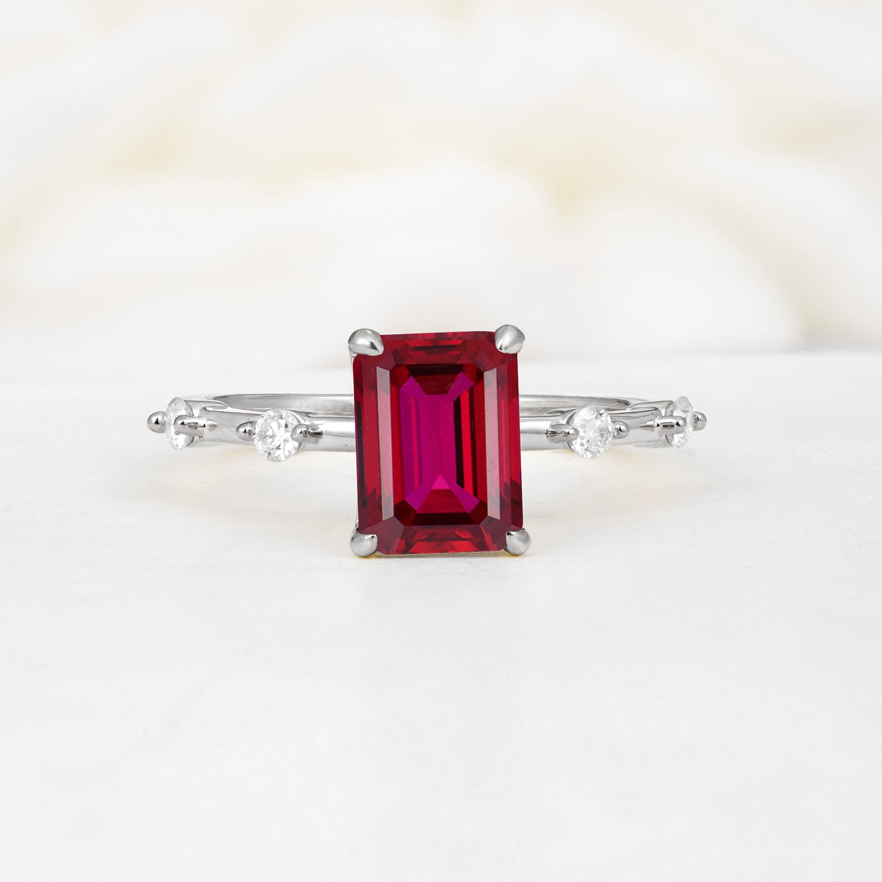 Minimalist Emerald Cut Side Stone Accent Ruby Engagement Ring - Additional view