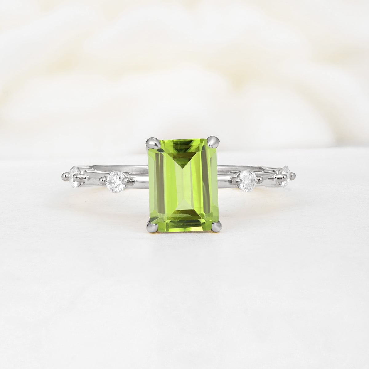 Minimalist Emerald Cut Side Stone Accent Peridot Engagement Ring - Additional view