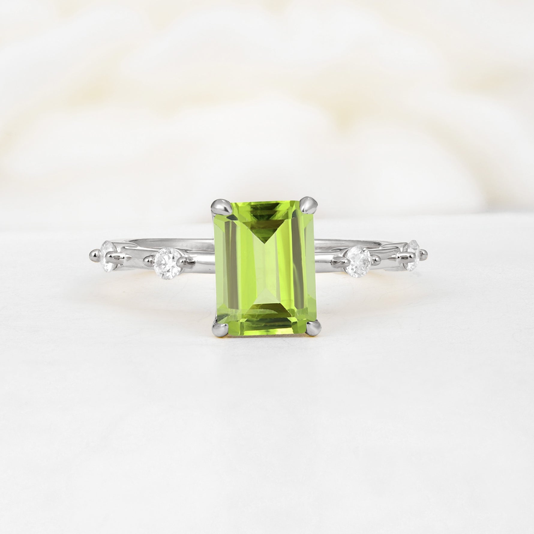 Minimalist Emerald Cut Side Stone Accent Peridot Engagement Ring - Additional view