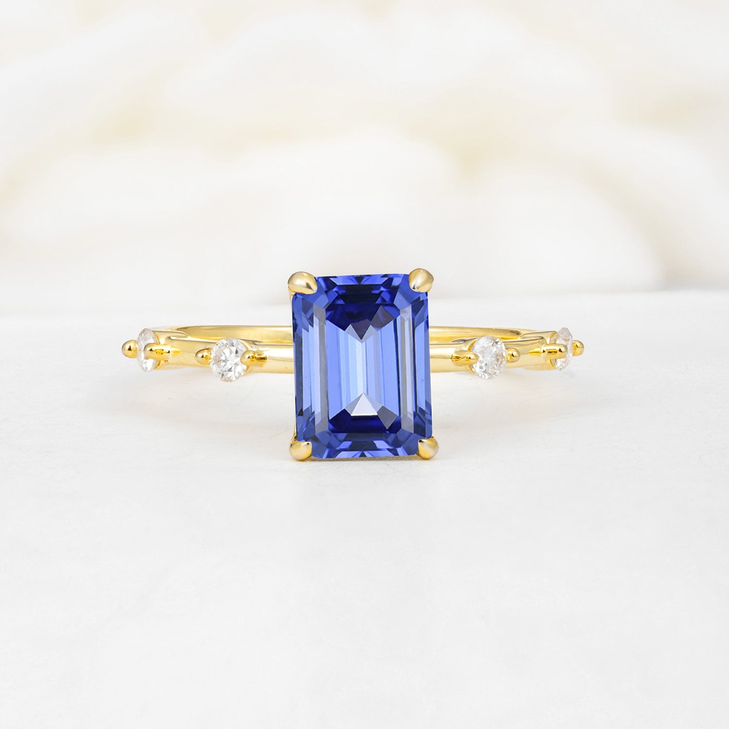 Minimalist Emerald Cut Side Stone Accent Sapphire Engagement Ring - Additional view