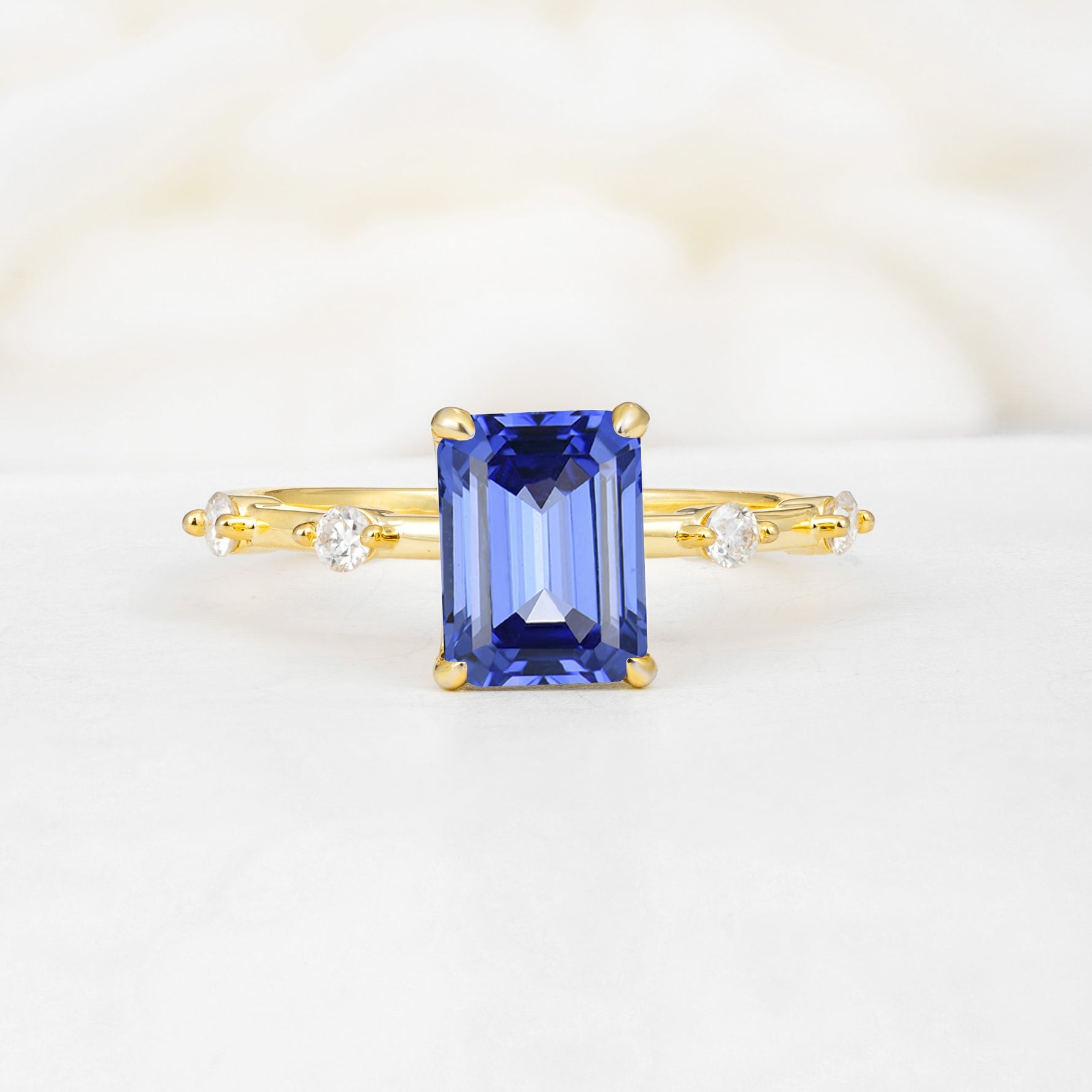Minimalist Emerald Cut Side Stone Accent Sapphire Engagement Ring - Additional view