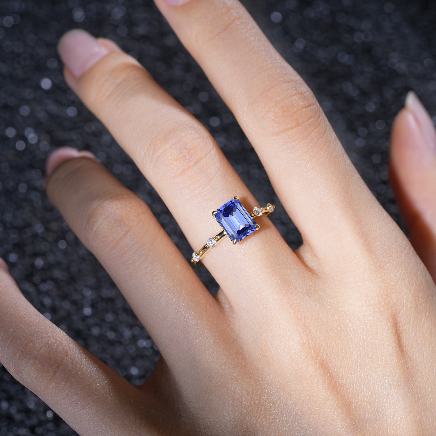 Minimalist Emerald Cut Side Stone Accent Sapphire Engagement Ring - Additional view