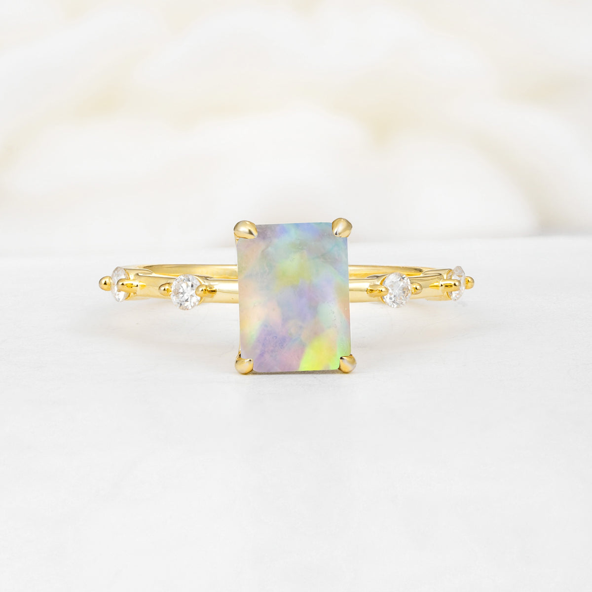 Minimalist Emerald Cut Side Stone Accent Fire Opal Engagement Ring - Additional view