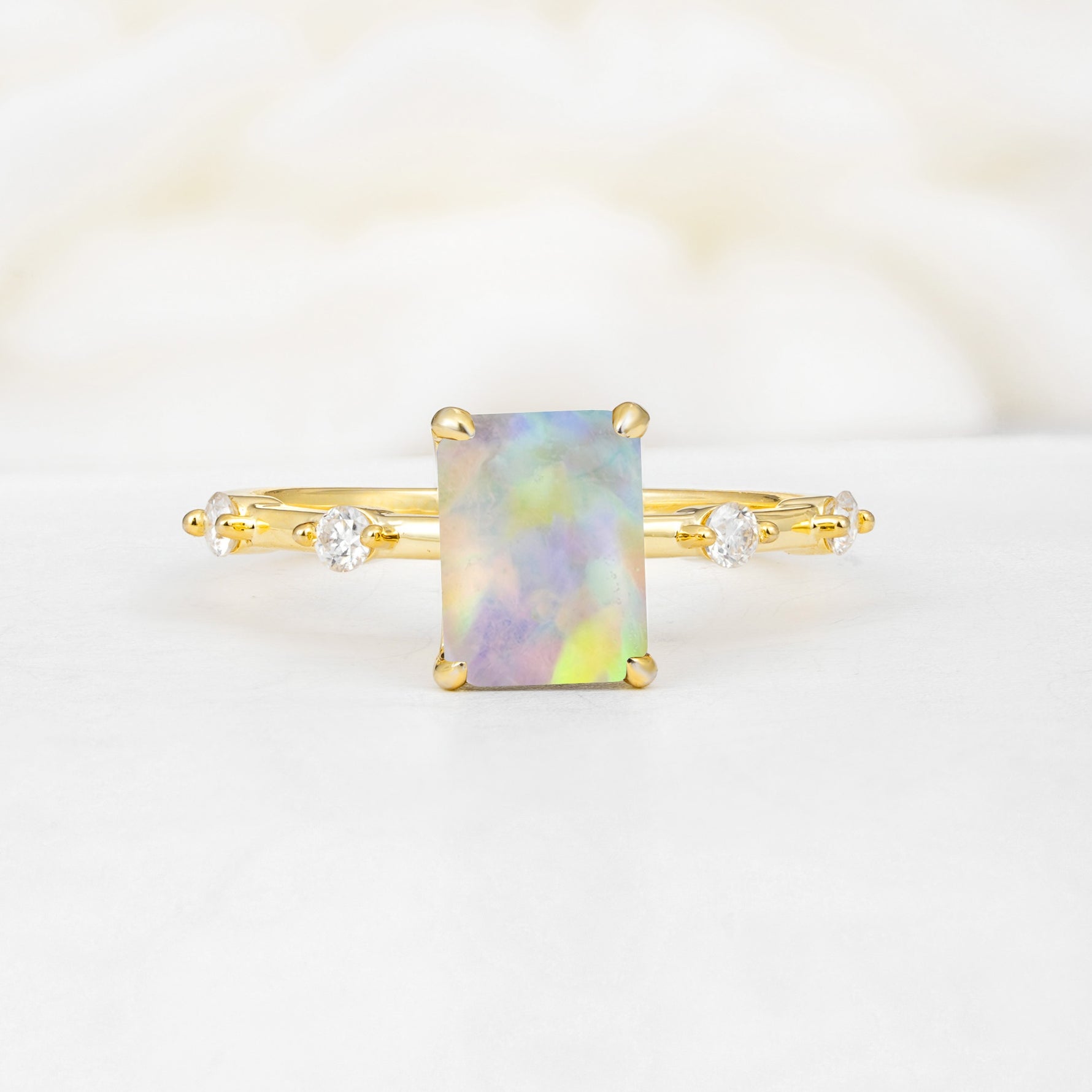 Minimalist Emerald Cut Side Stone Accent Fire Opal Engagement Ring - Additional view