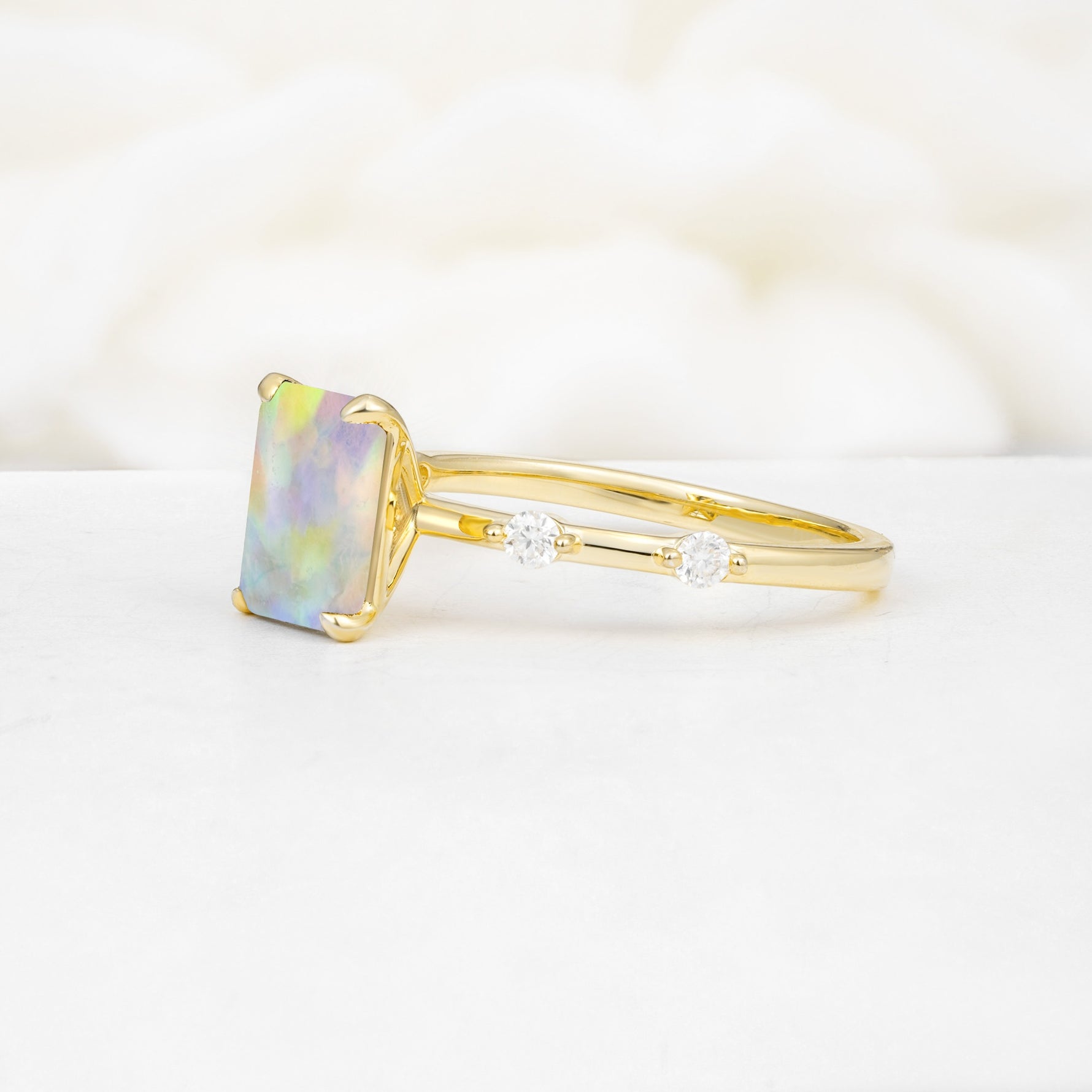 Minimalist Emerald Cut Side Stone Accent Fire Opal Engagement Ring - Additional view