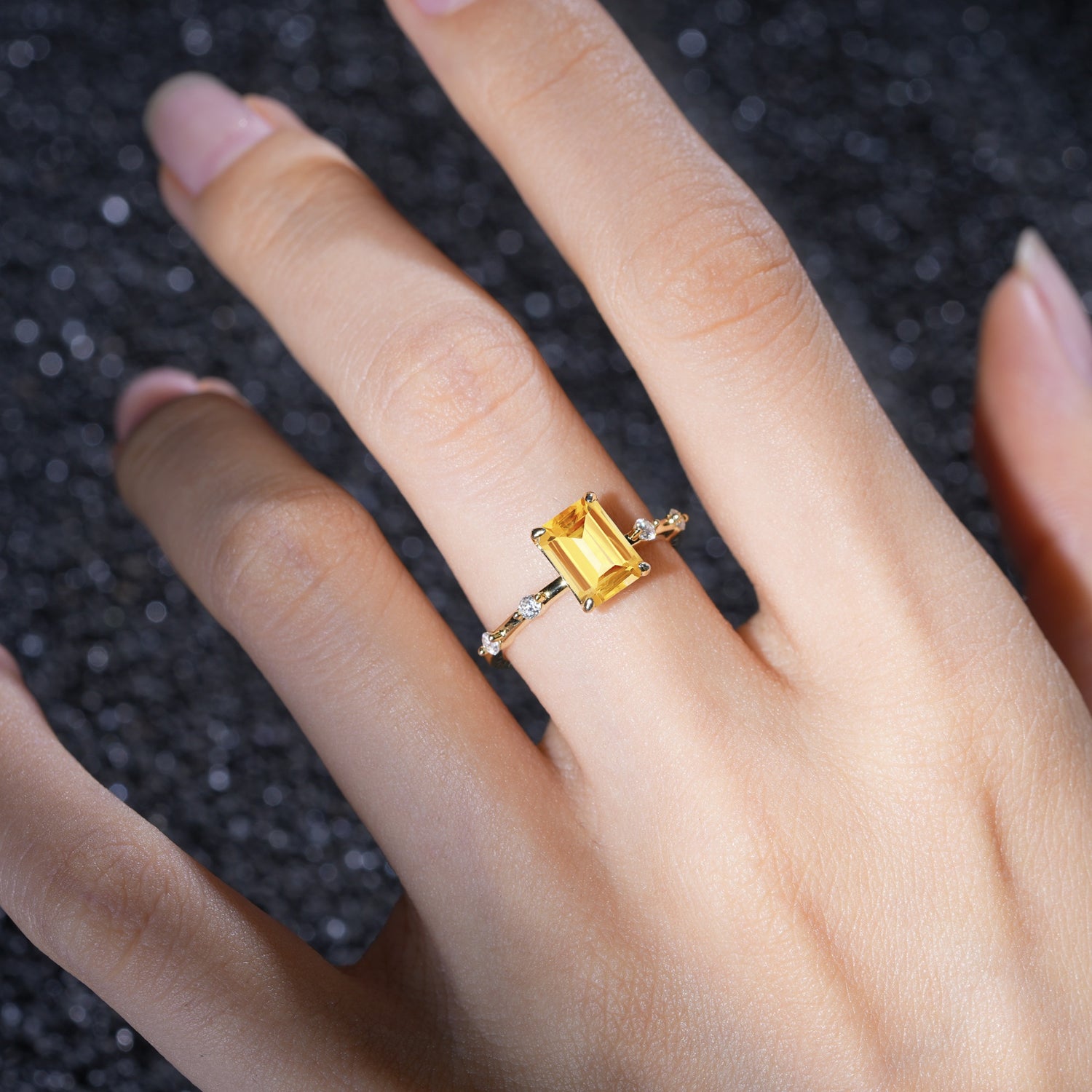 Minimalist Emerald Cut Side Stone Accent Citrine Engagement Ring - Additional view