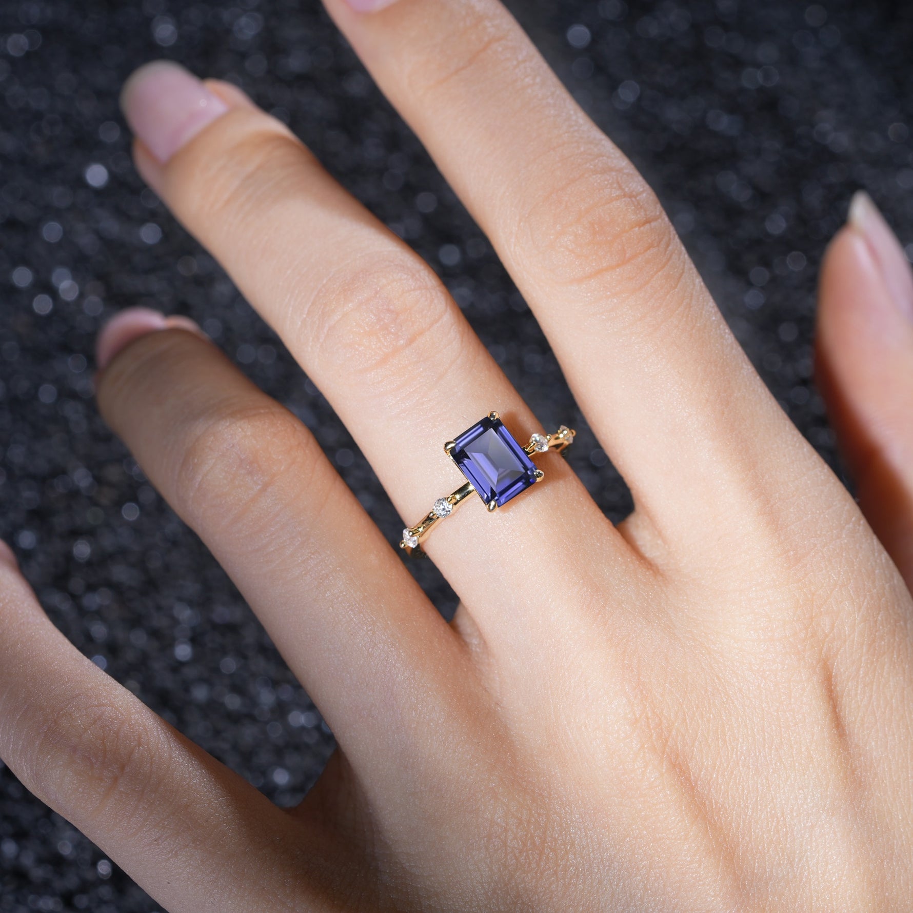 Minimalist Emerald Cut Side Stone Accent Tanzanite Engagement Ring - Additional view