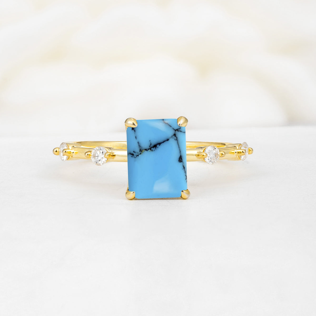 Minimalist Emerald Cut Side Stone Accent Turquoise Engagement Ring - Additional view