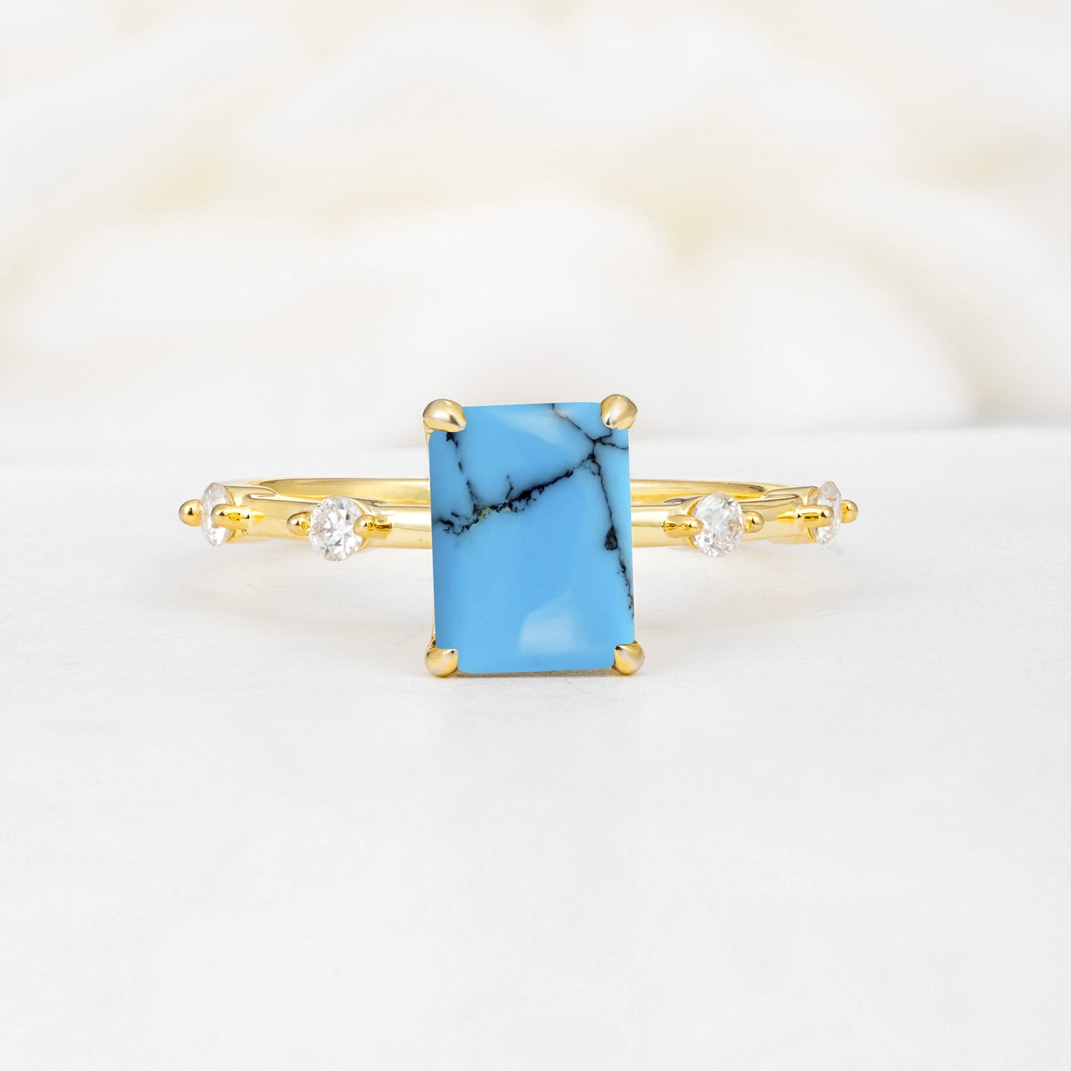 Minimalist Emerald Cut Side Stone Accent Turquoise Engagement Ring - Additional view