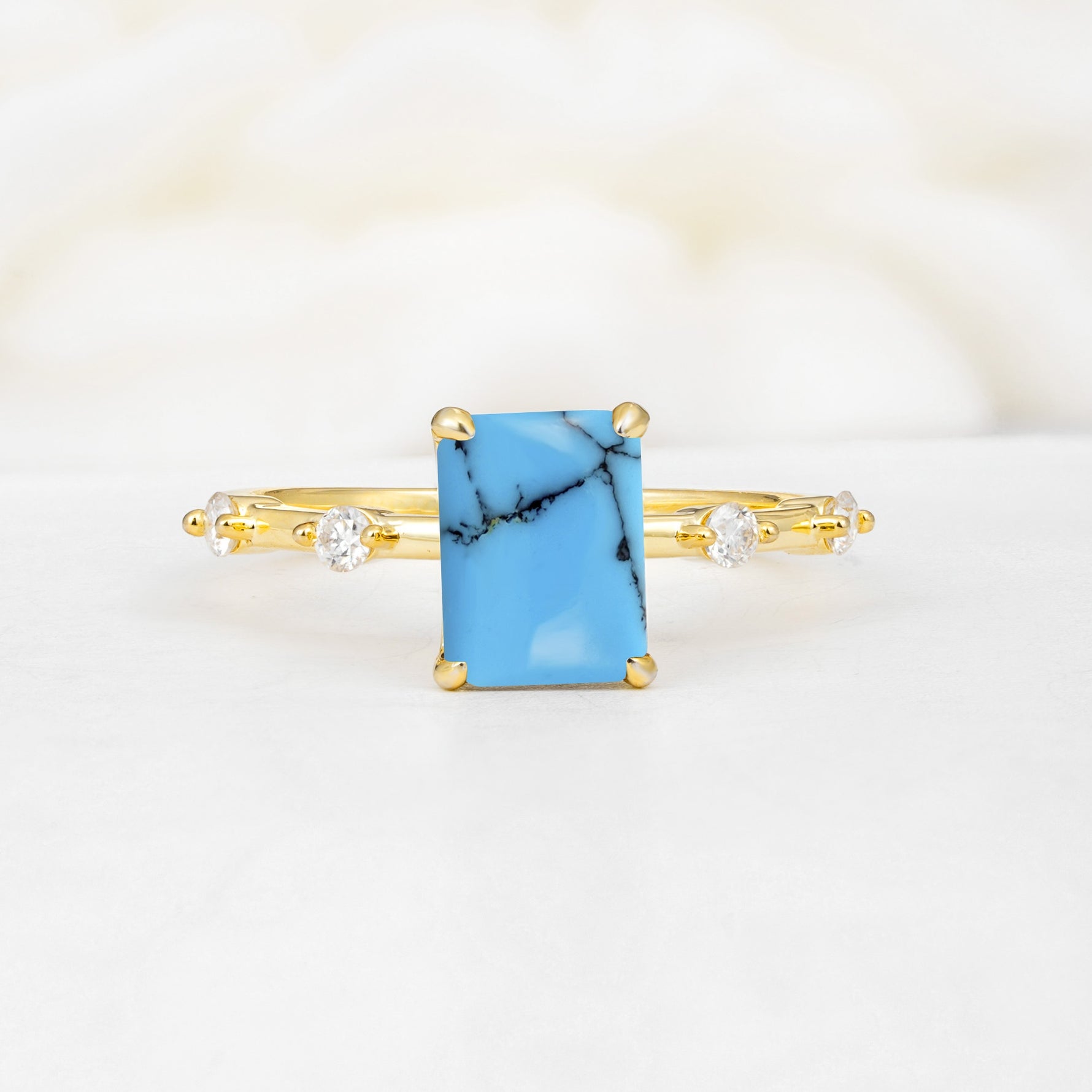 Minimalist Emerald Cut Side Stone Accent Turquoise Engagement Ring - Additional view