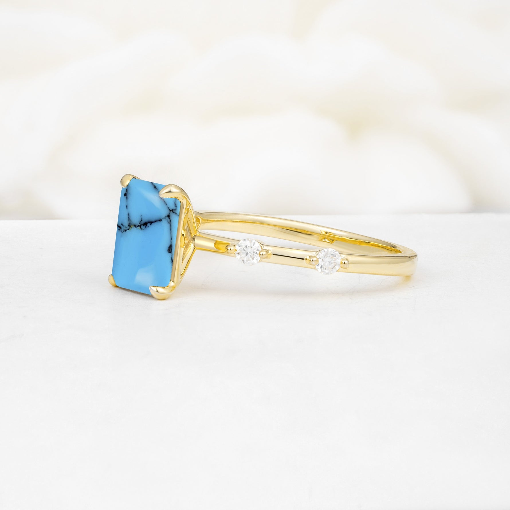 Minimalist Emerald Cut Side Stone Accent Turquoise Engagement Ring - Additional view