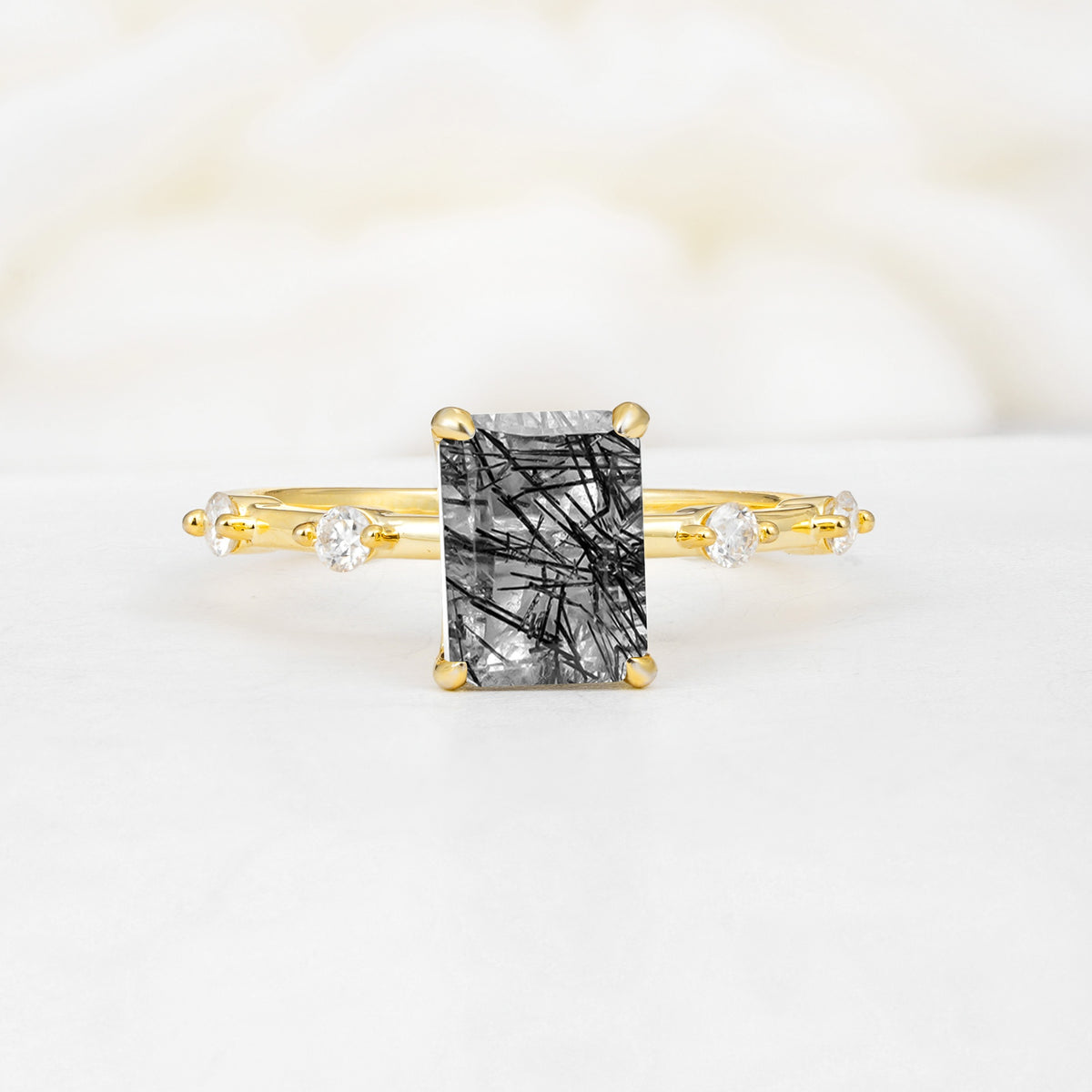 Minimalist Emerald Cut Side Stone Accent Black Rutilated Quartz Engagement Ring - Additional view