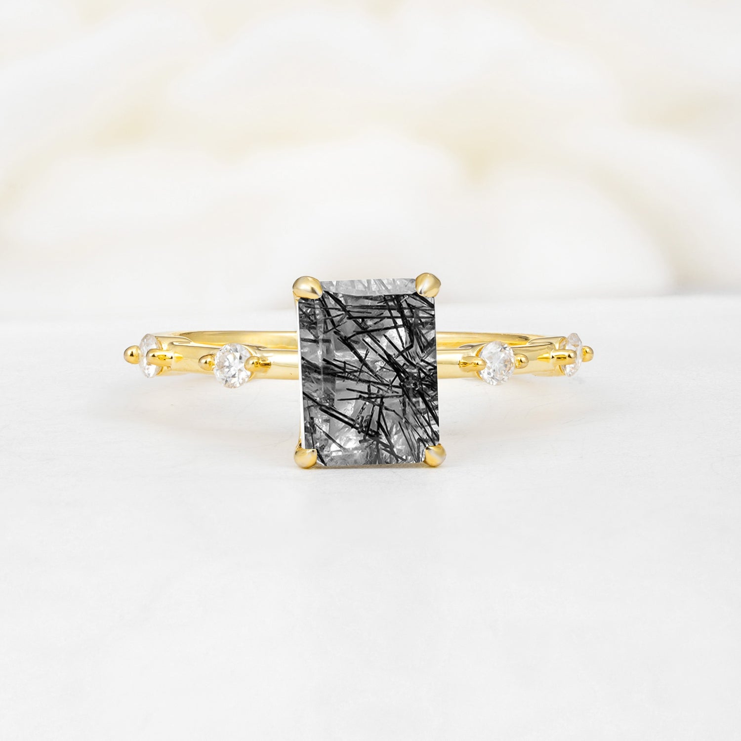 Minimalist Emerald Cut Side Stone Accent Black Rutilated Quartz Engagement Ring - Additional view
