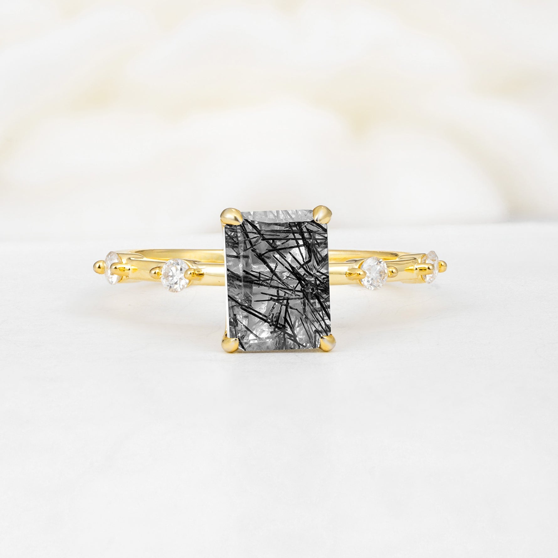 Minimalist Emerald Cut Side Stone Accent Black Rutilated Quartz Engagement Ring - Additional view