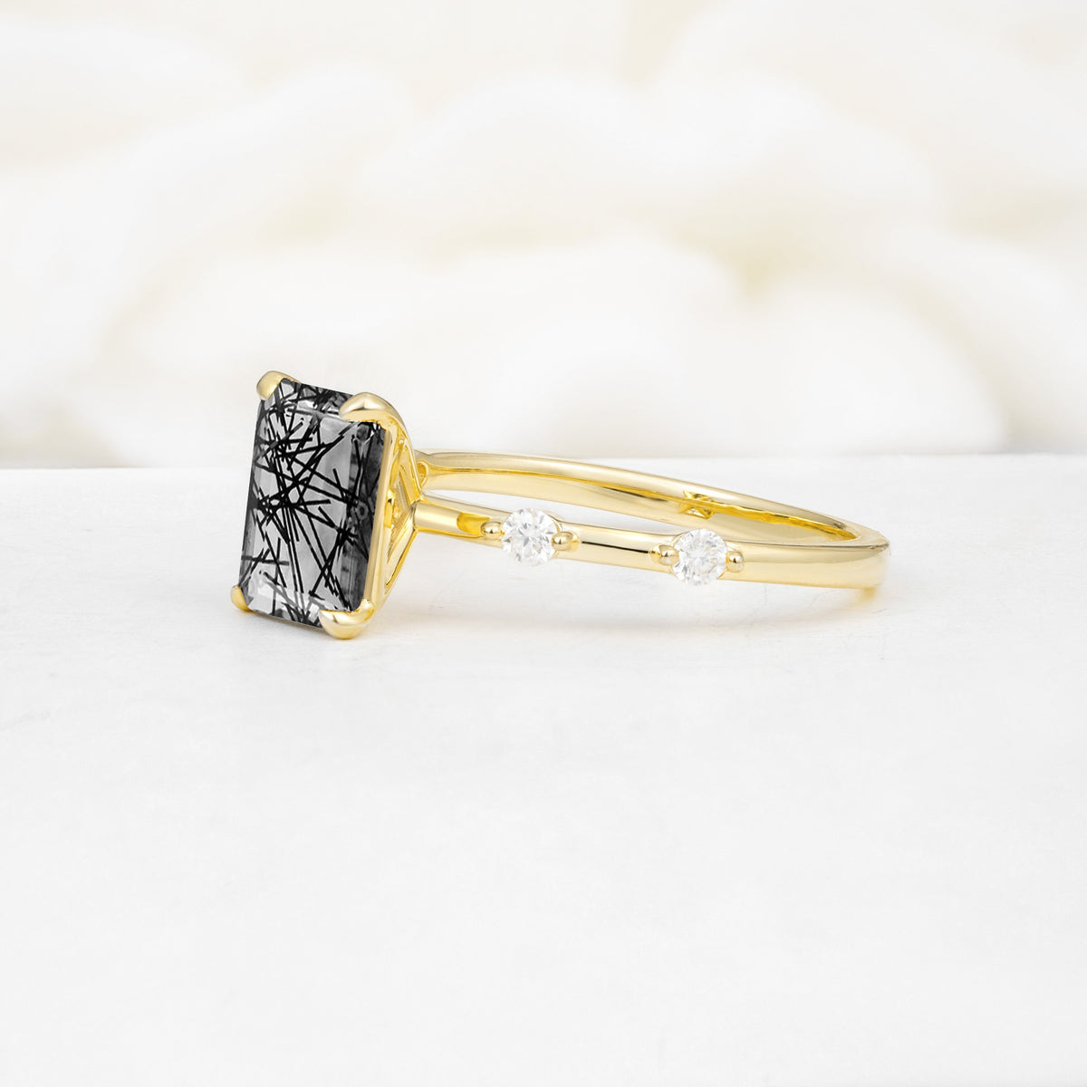 Minimalist Emerald Cut Side Stone Accent Black Rutilated Quartz Engagement Ring - Additional view