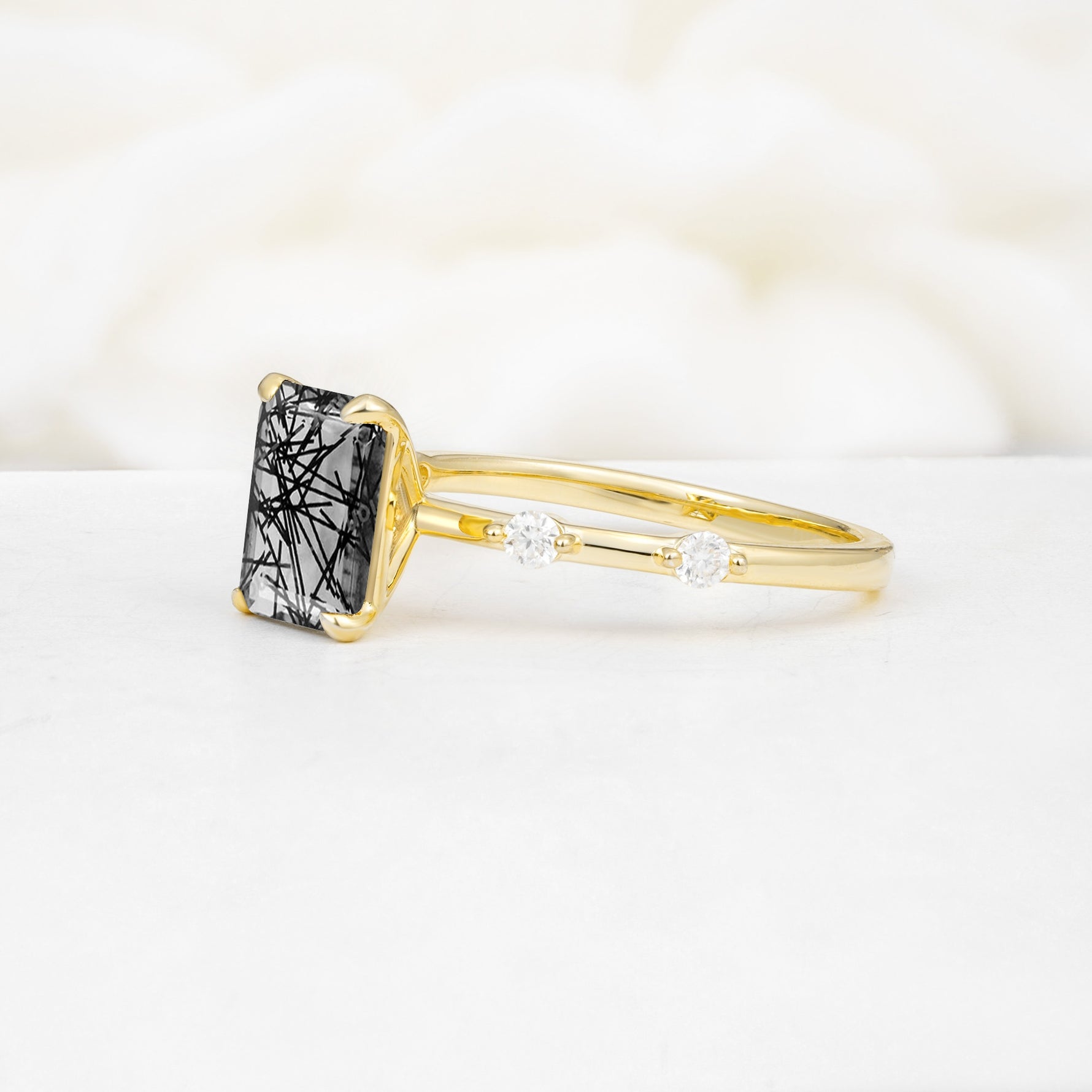 Minimalist Emerald Cut Side Stone Accent Black Rutilated Quartz Engagement Ring - Additional view