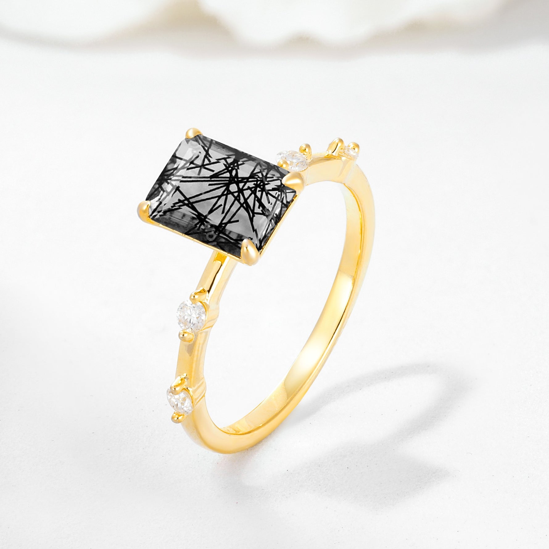 Minimalist Emerald Cut Side Stone Accent Black Rutilated Quartz Engagement Ring - Additional view