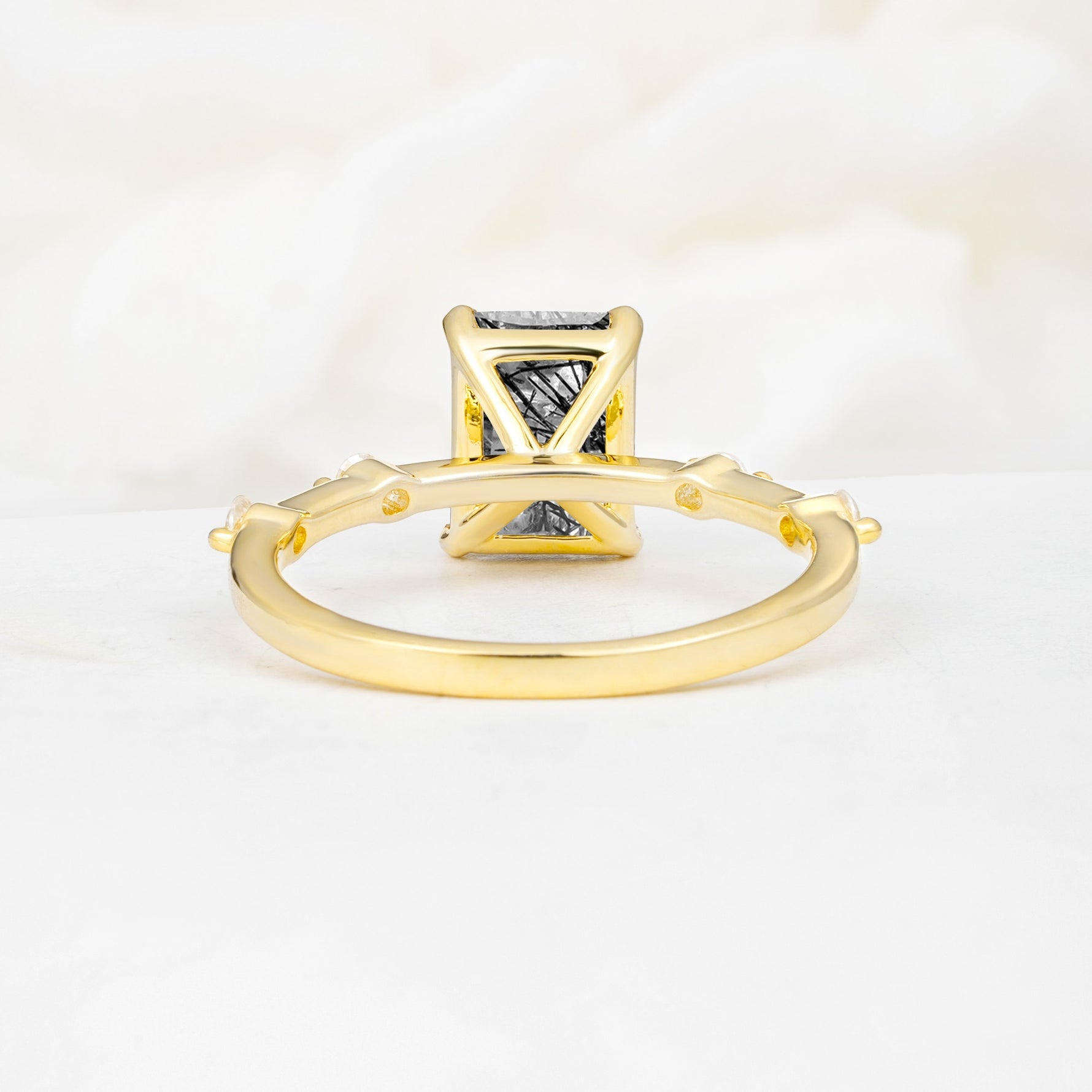 Minimalist Emerald Cut Side Stone Accent Black Rutilated Quartz Engagement Ring - Additional view