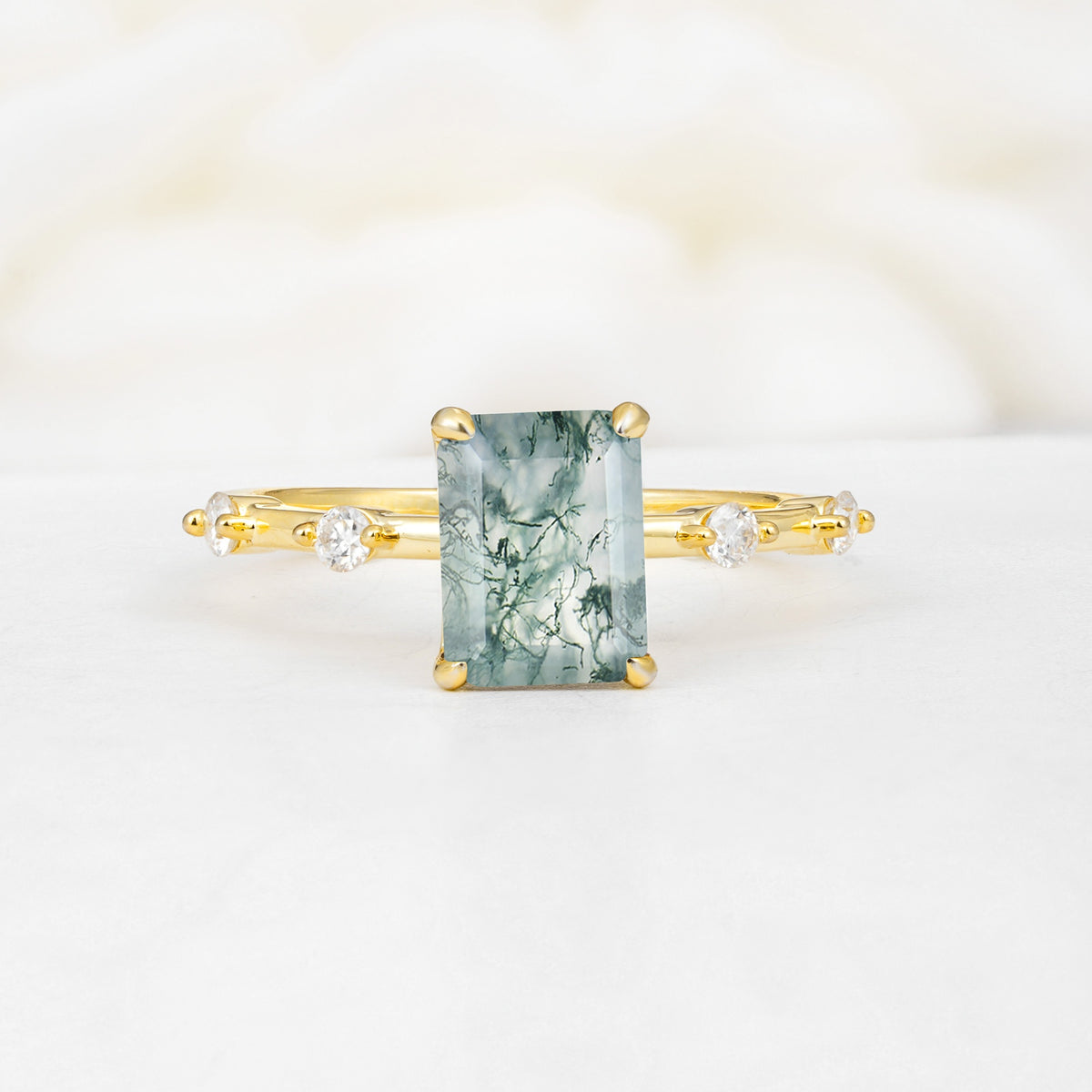 Minimalist Emerald Cut Side Stone Accent Moss Agate Engagement Ring - Additional view