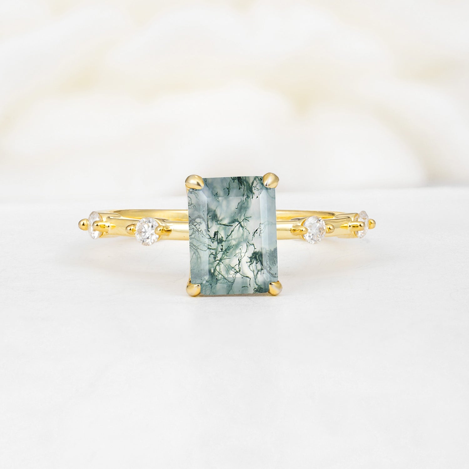 Minimalist Emerald Cut Side Stone Accent Moss Agate Engagement Ring - Additional view