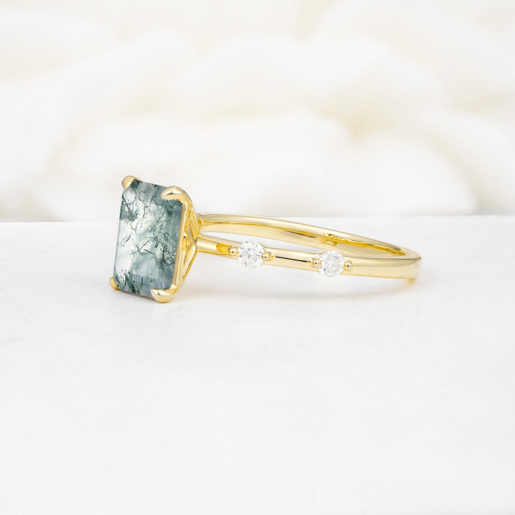 Minimalist Emerald Cut Side Stone Accent Moss Agate Engagement Ring - Additional view