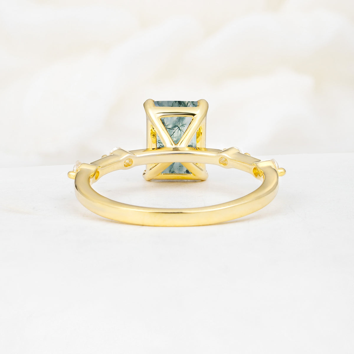 Minimalist Emerald Cut Side Stone Accent Moss Agate Engagement Ring - Additional view