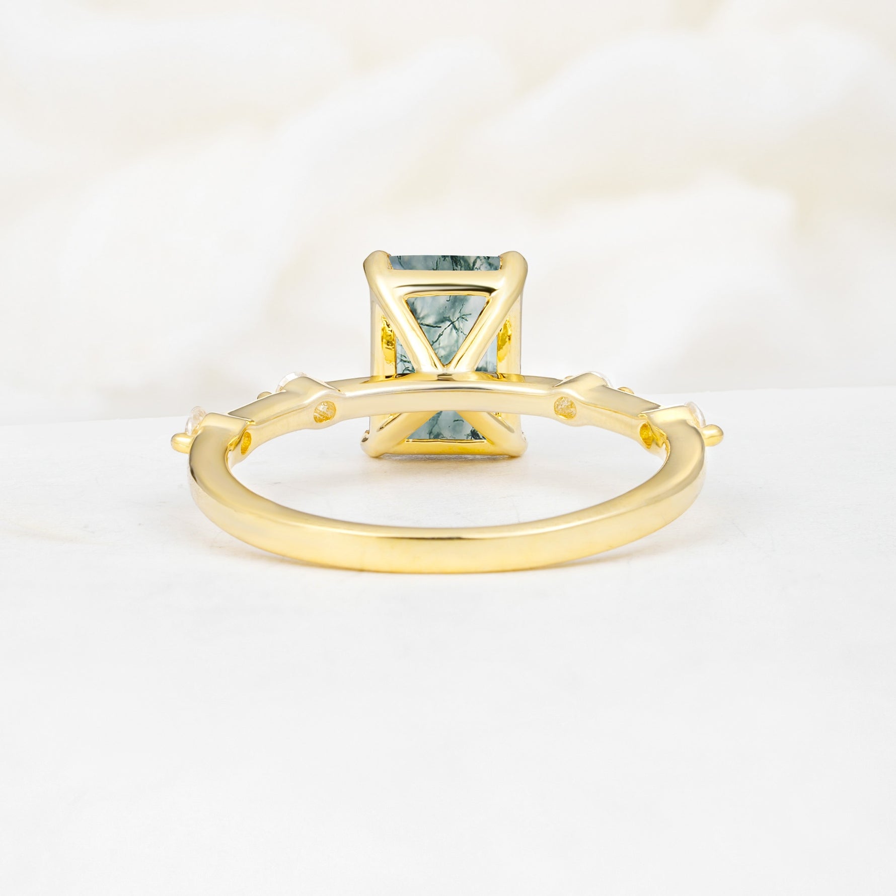 Minimalist Emerald Cut Side Stone Accent Moss Agate Engagement Ring - Additional view