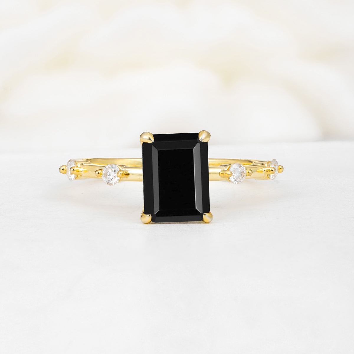 Minimalist Emerald Cut Side Stone Accent Black Onyx Engagement Ring - Additional view