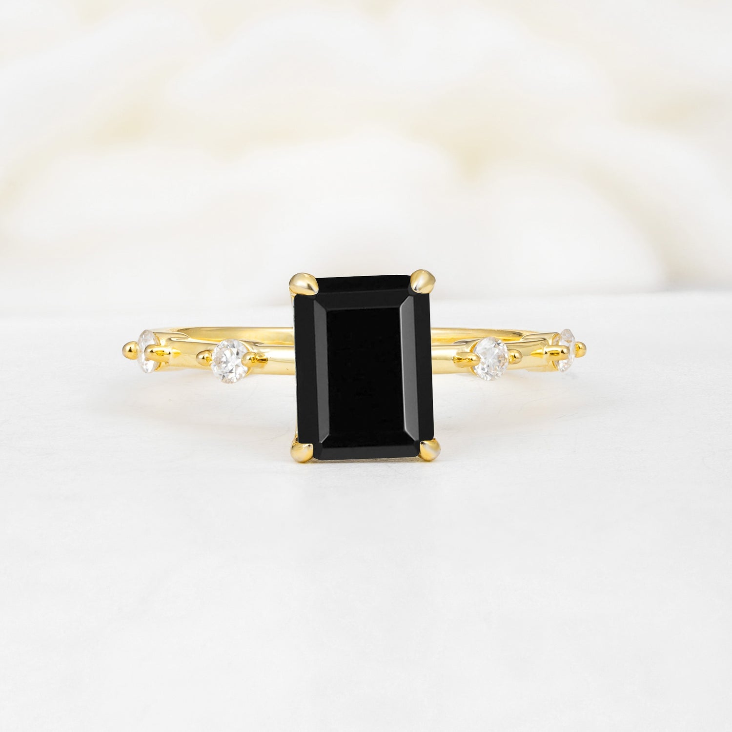 Minimalist Emerald Cut Side Stone Accent Black Onyx Engagement Ring - Additional view