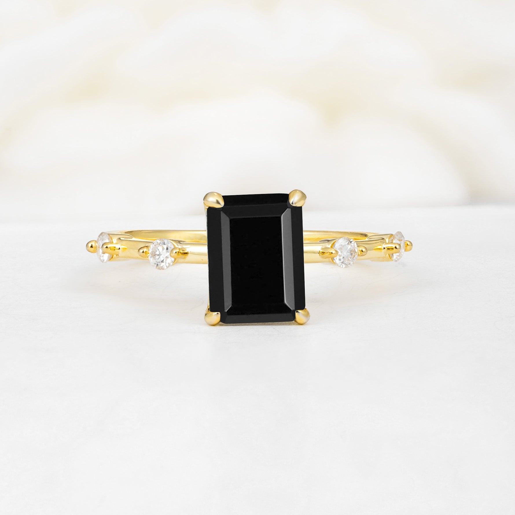 Minimalist Emerald Cut Side Stone Accent Black Onyx Engagement Ring - Additional view