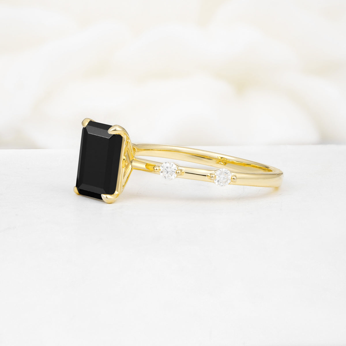 Minimalist Emerald Cut Side Stone Accent Black Onyx Engagement Ring - Additional view