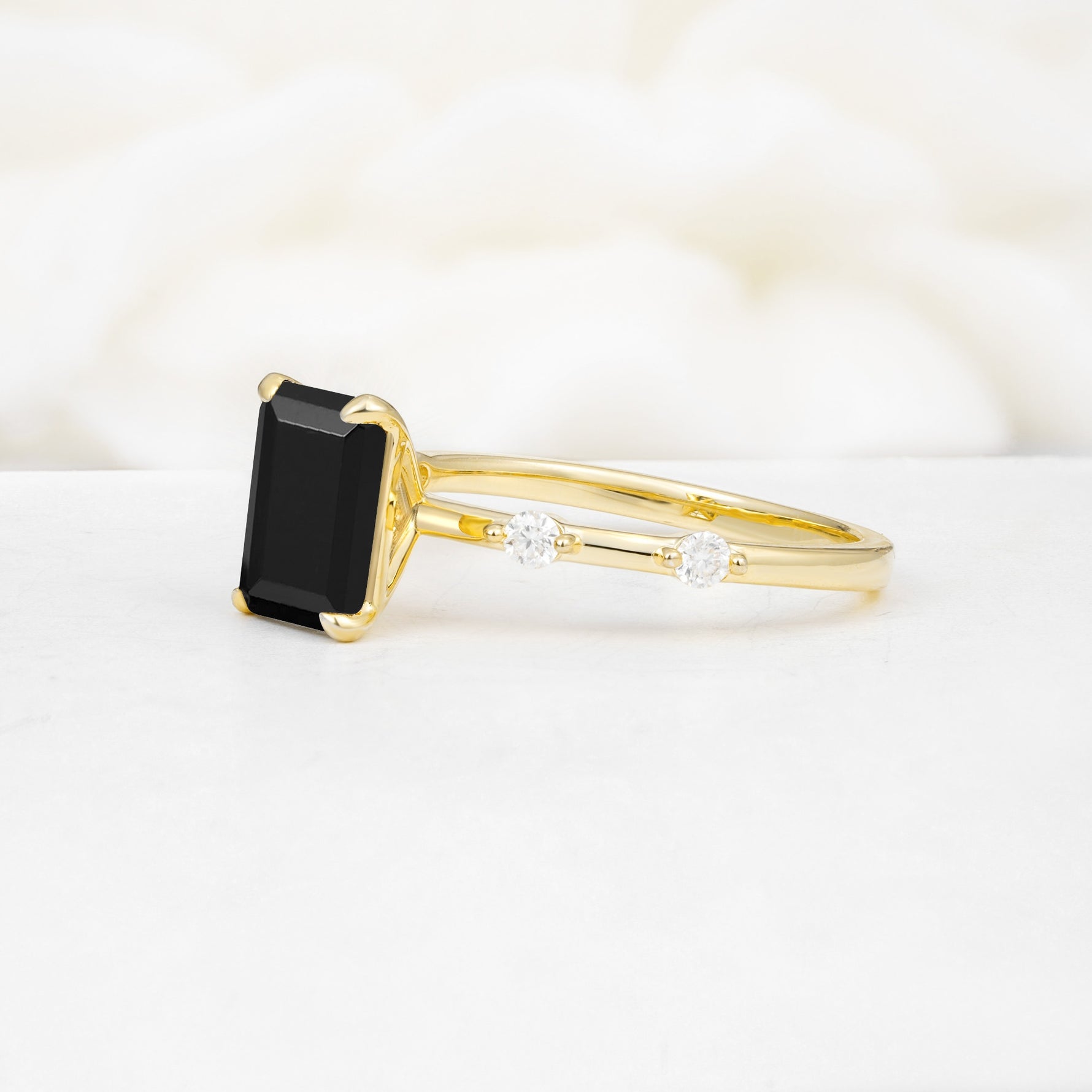 Minimalist Emerald Cut Side Stone Accent Black Onyx Engagement Ring - Additional view