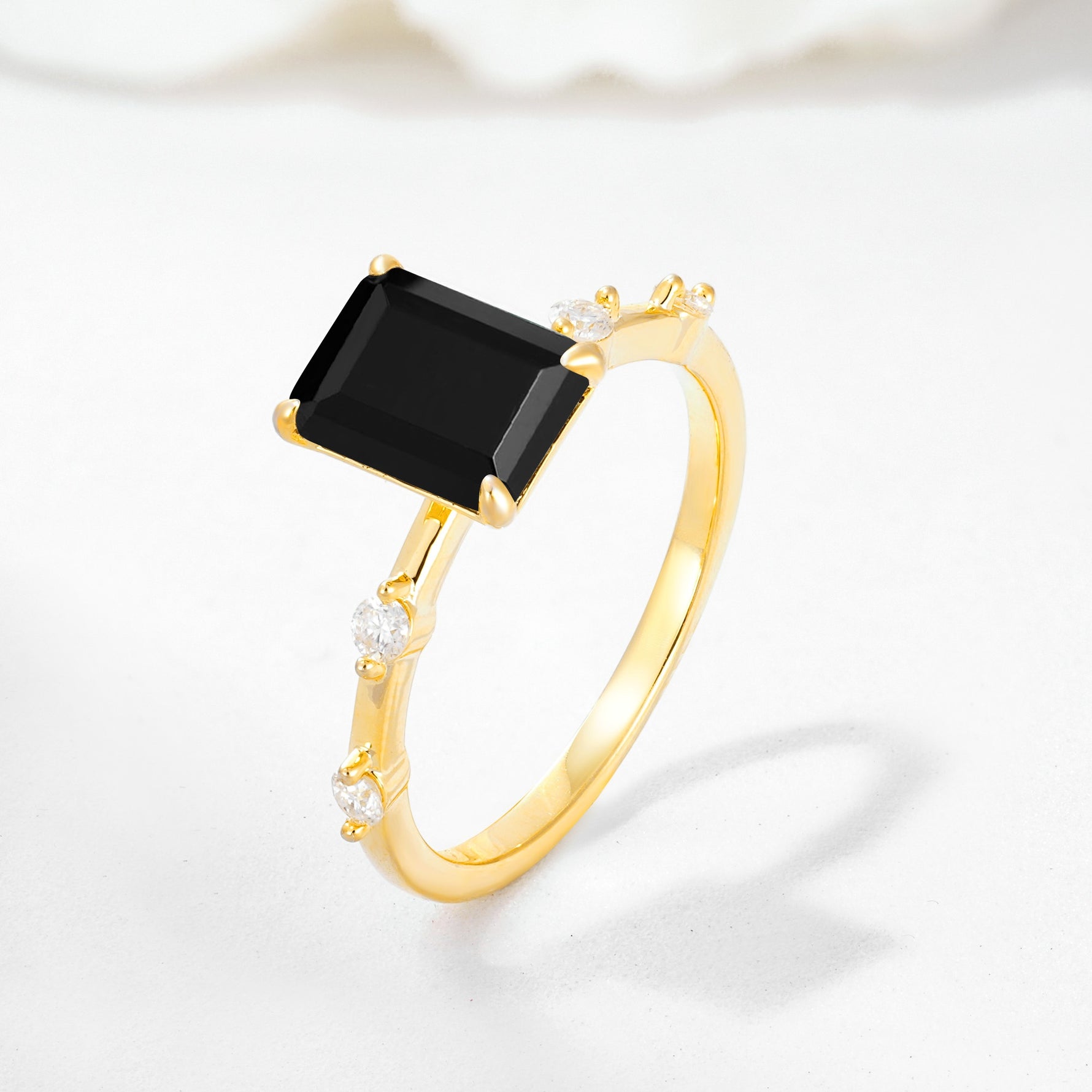 Minimalist Emerald Cut Side Stone Accent Black Onyx Engagement Ring - Additional view