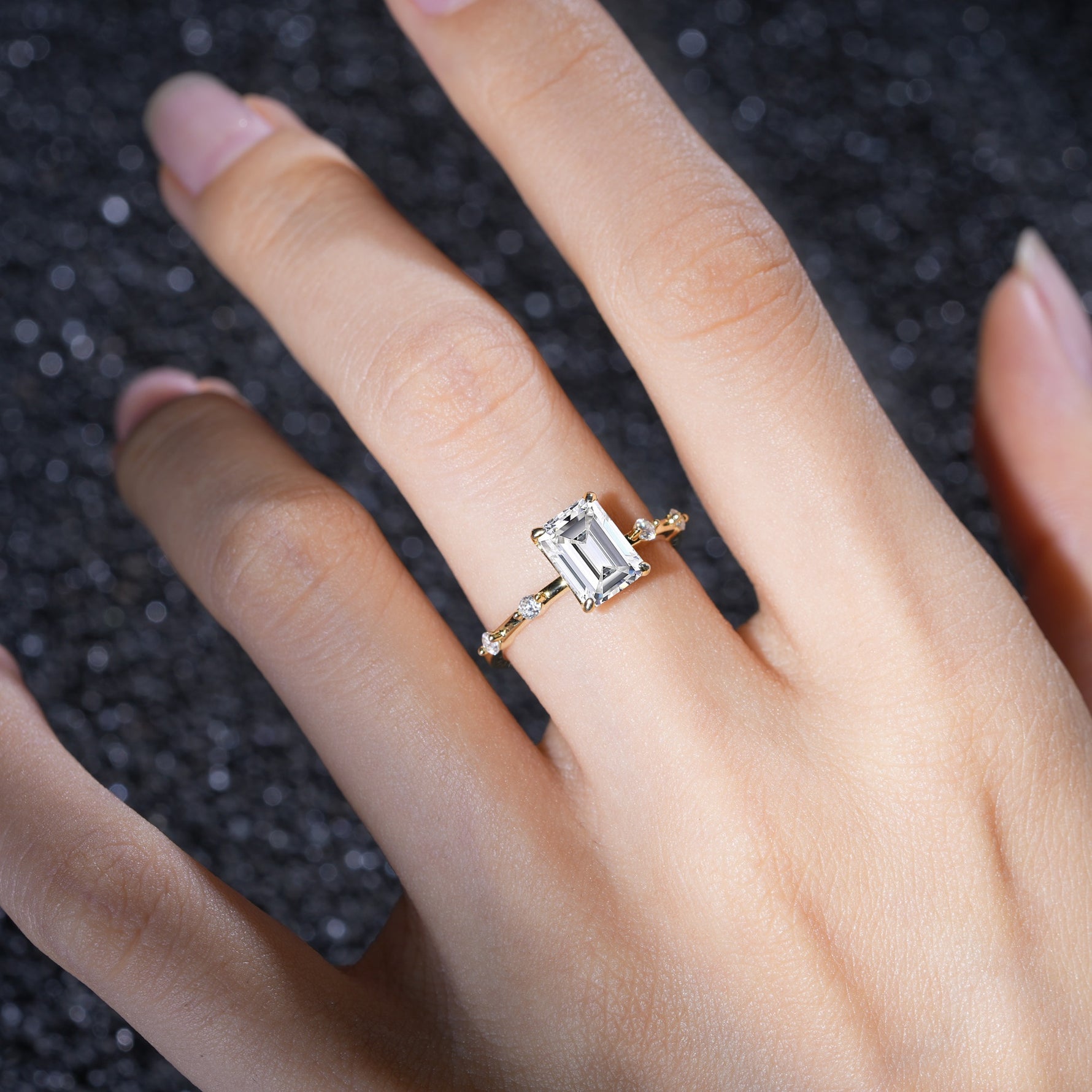 Minimalist Emerald Cut Side Stone Accent Lab Diamond Engagement Ring - Additional view