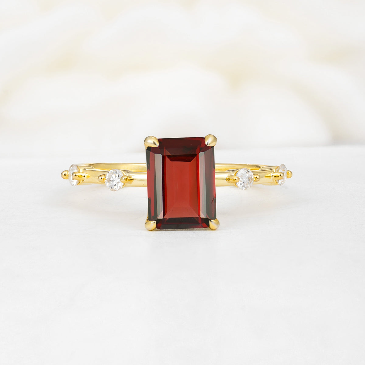 Minimalist Emerald Cut Side Stone Accent Garnet Engagement Ring - Additional view