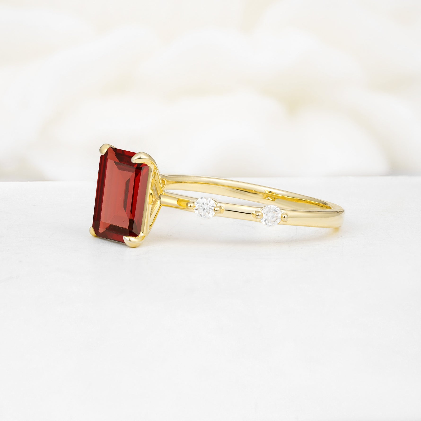 Minimalist Emerald Cut Side Stone Accent Garnet Engagement Ring - Additional view