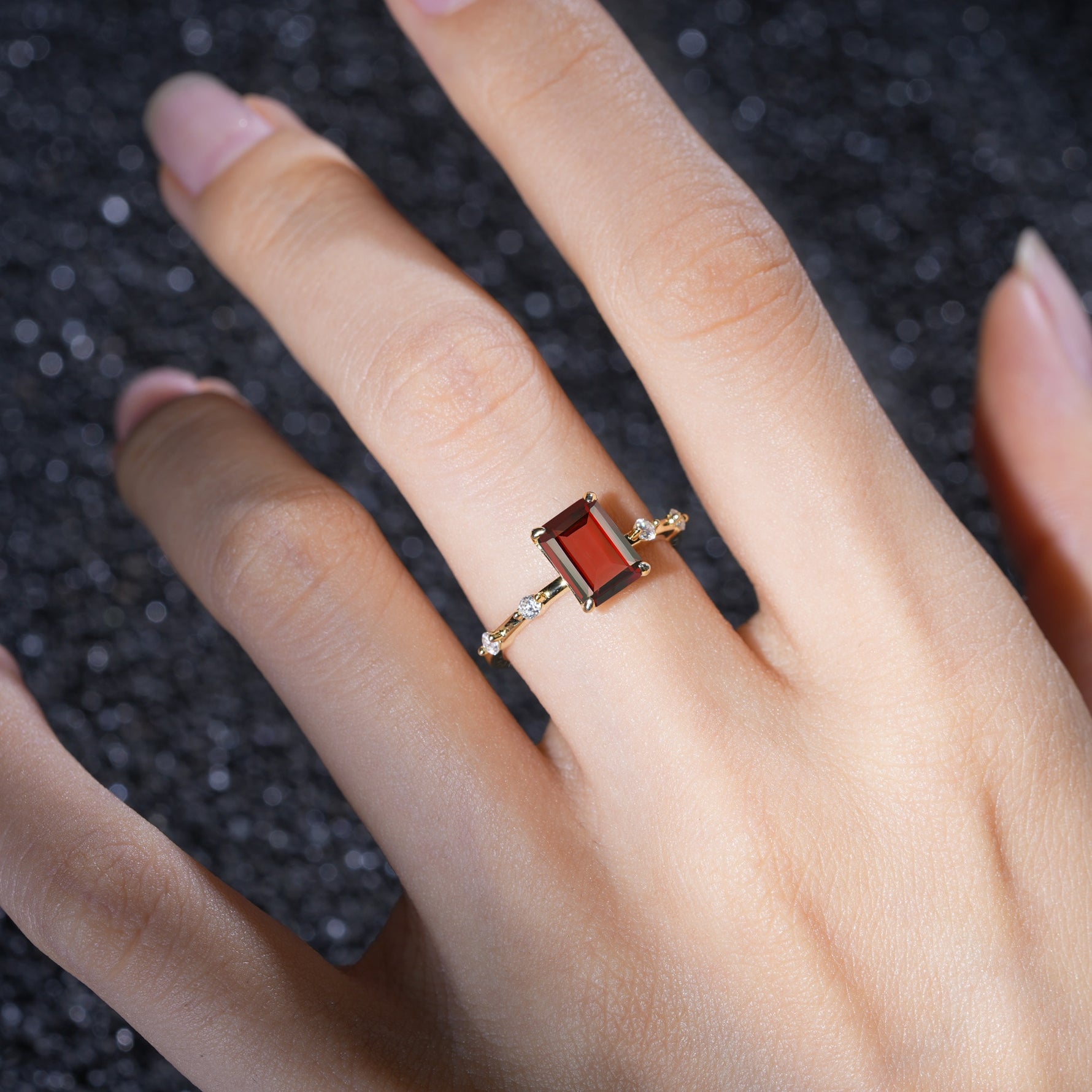 Minimalist Emerald Cut Side Stone Accent Garnet Engagement Ring - Additional view