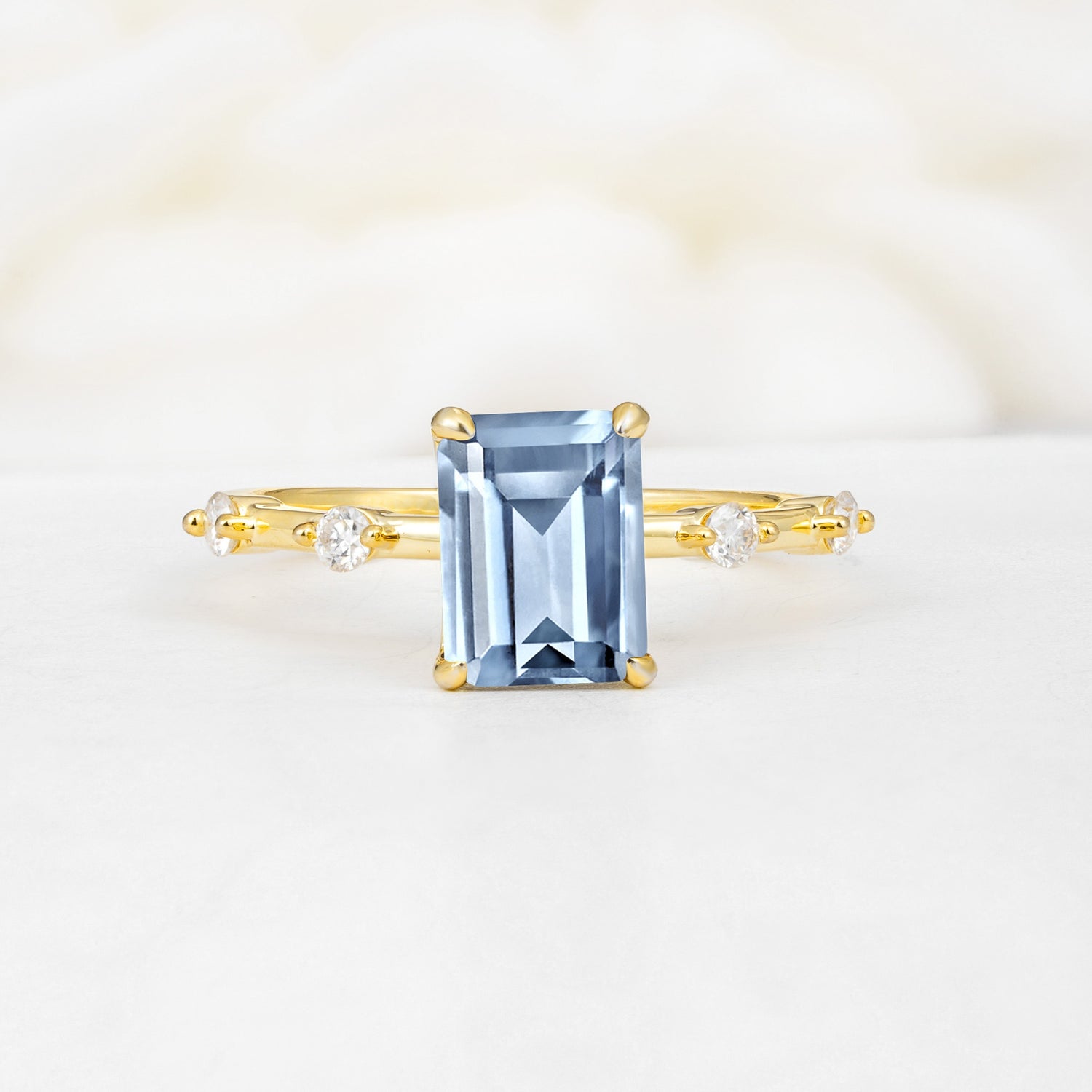 Minimalist Emerald Cut Side Stone Accent Aquamarine Engagement Ring - Additional view