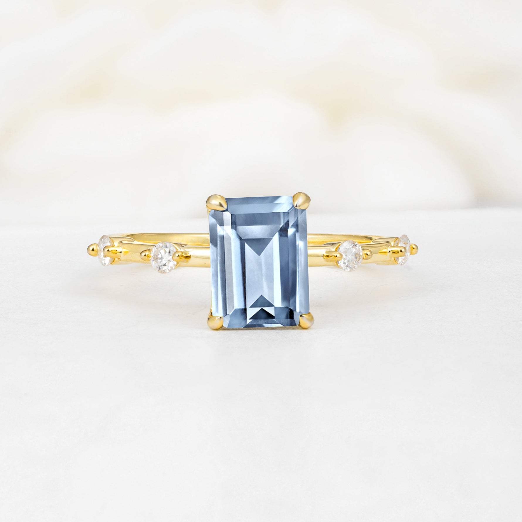 Minimalist Emerald Cut Side Stone Accent Aquamarine Engagement Ring - Additional view