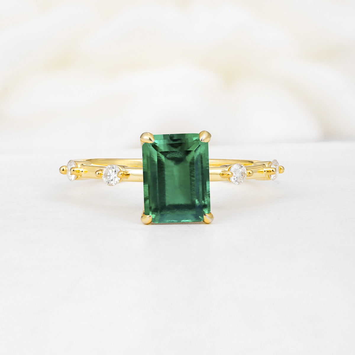 Minimalist Emerald Cut Side Stone Accent Emerald Engagement Ring - Additional view