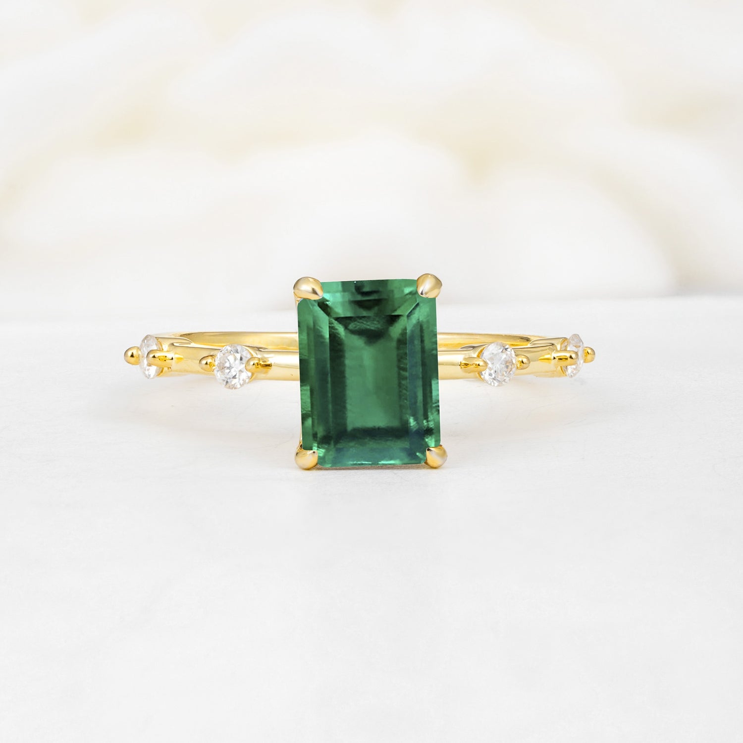 Minimalist Emerald Cut Side Stone Accent Emerald Engagement Ring - Additional view