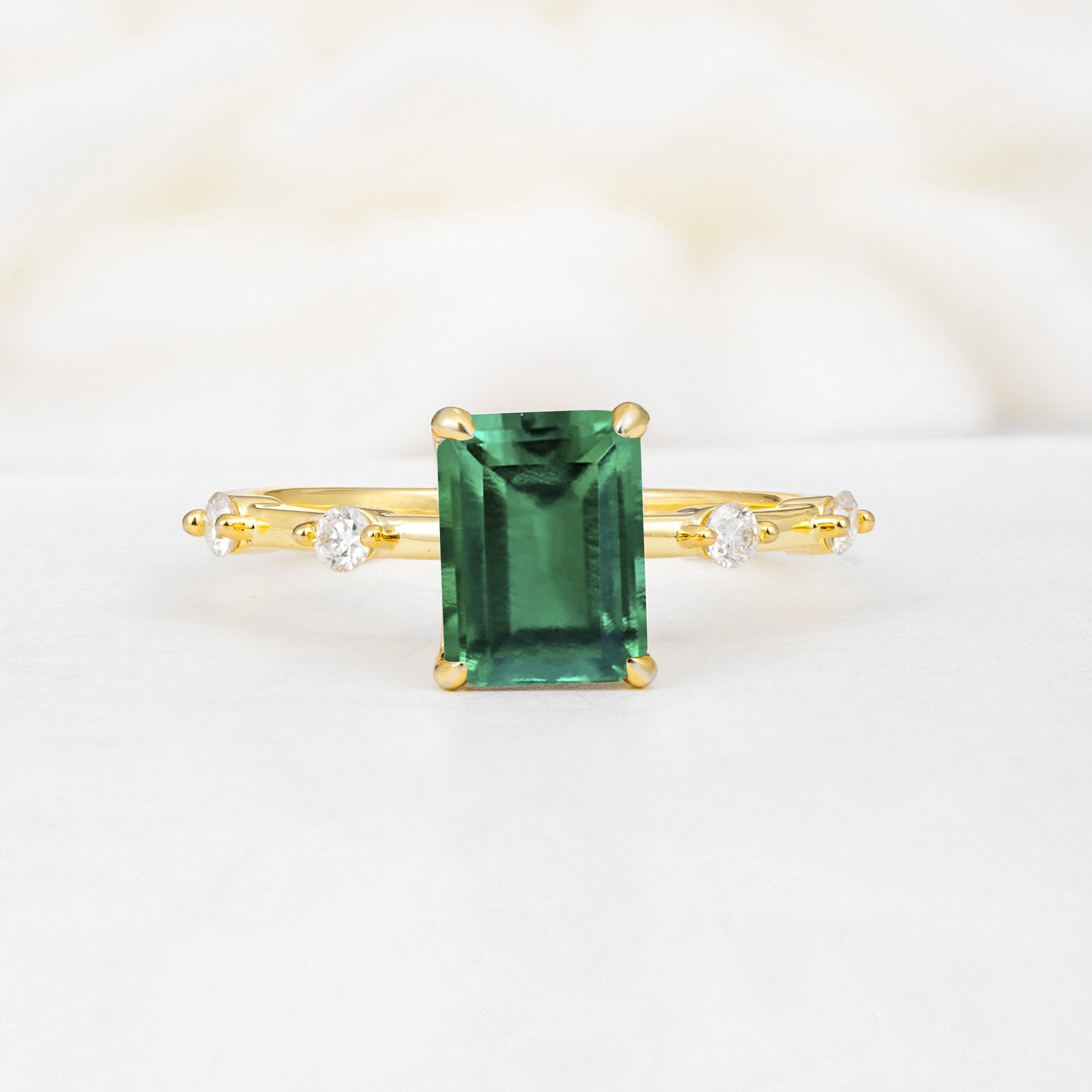 Minimalist Emerald Cut Side Stone Accent Emerald Engagement Ring - Additional view