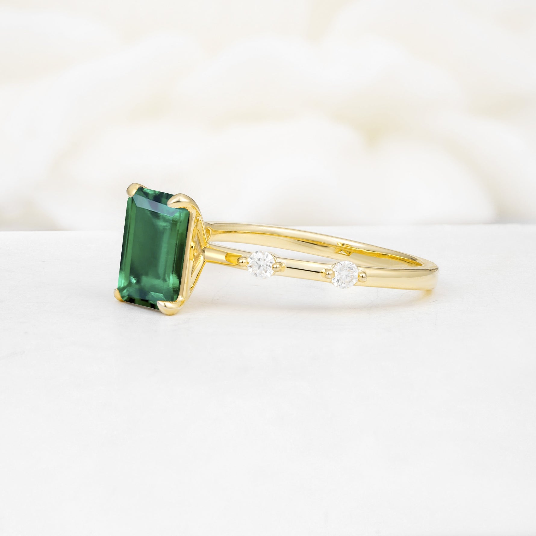 Minimalist Emerald Cut Side Stone Accent Emerald Engagement Ring - Additional view