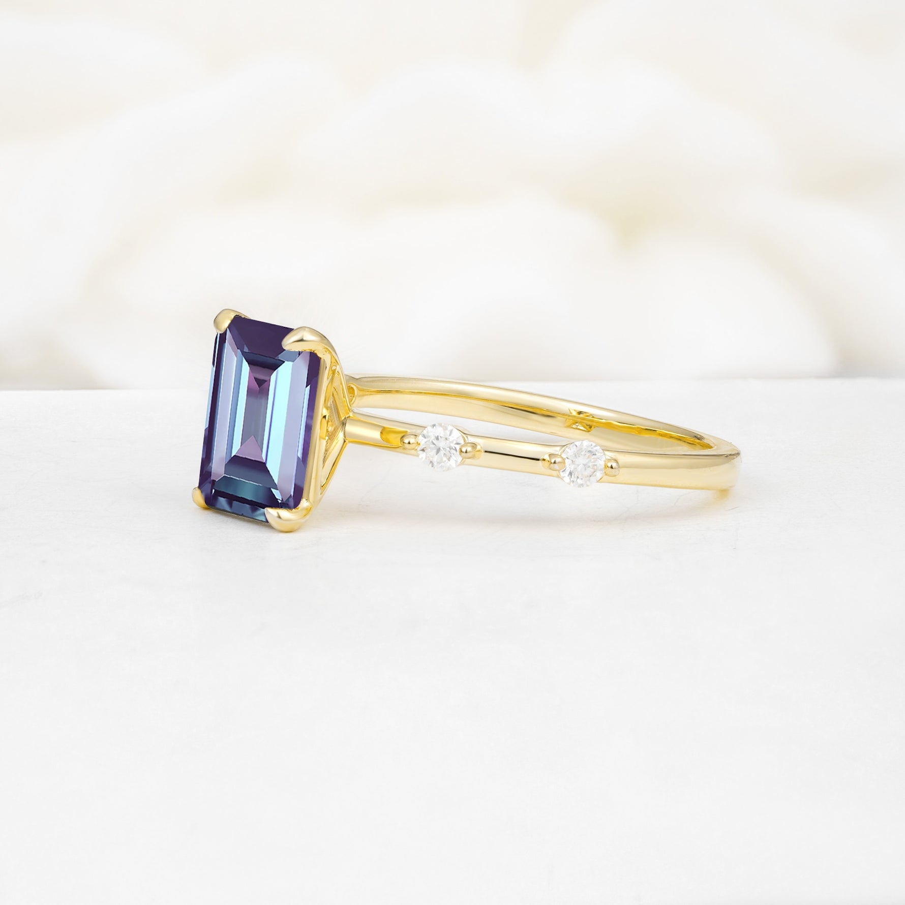 Minimalist Emerald Cut Side Stone Accent Alexandrite Engagement Ring - Additional view