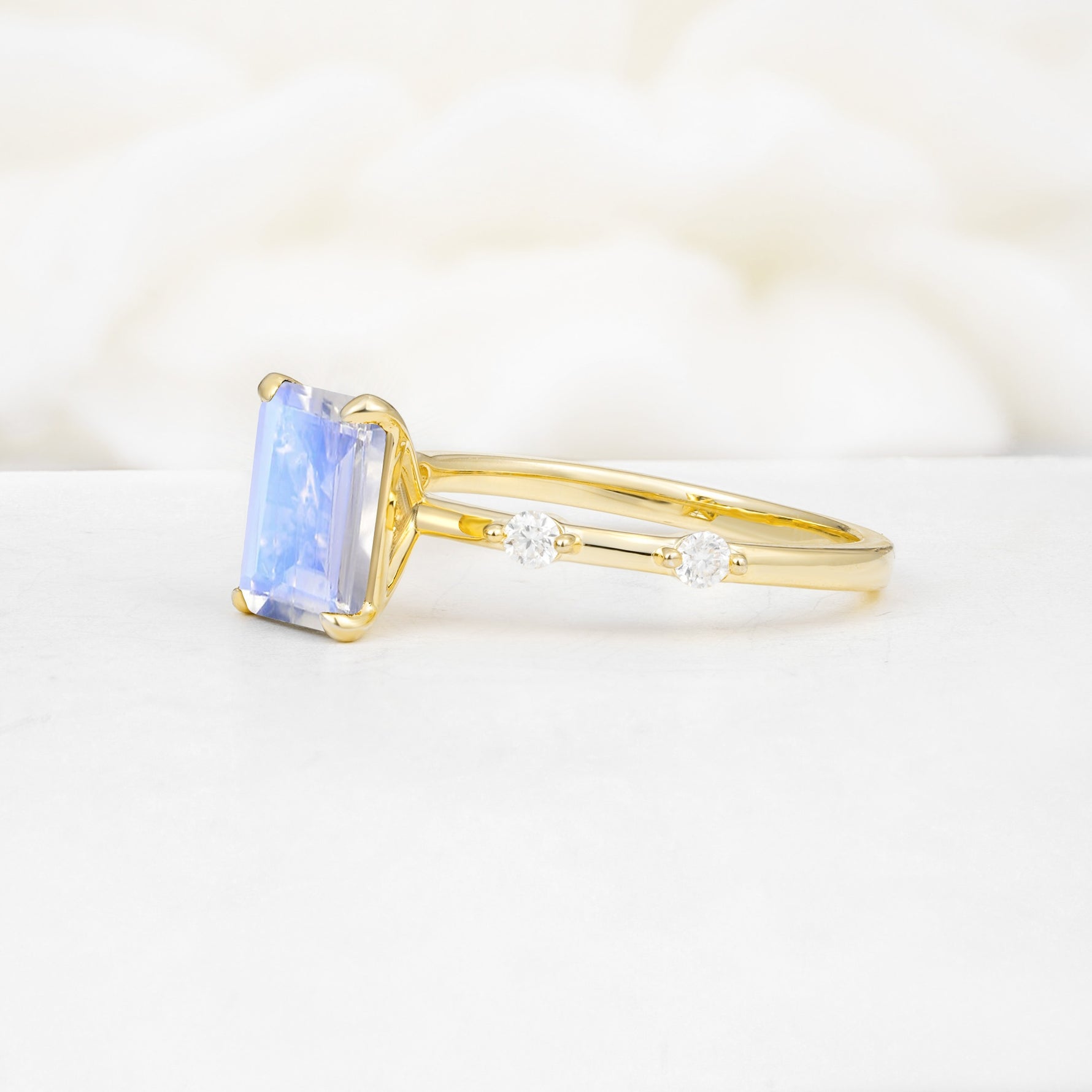 Minimalist Emerald Cut Side Stone Accent Moonstone Engagement Ring - Additional view