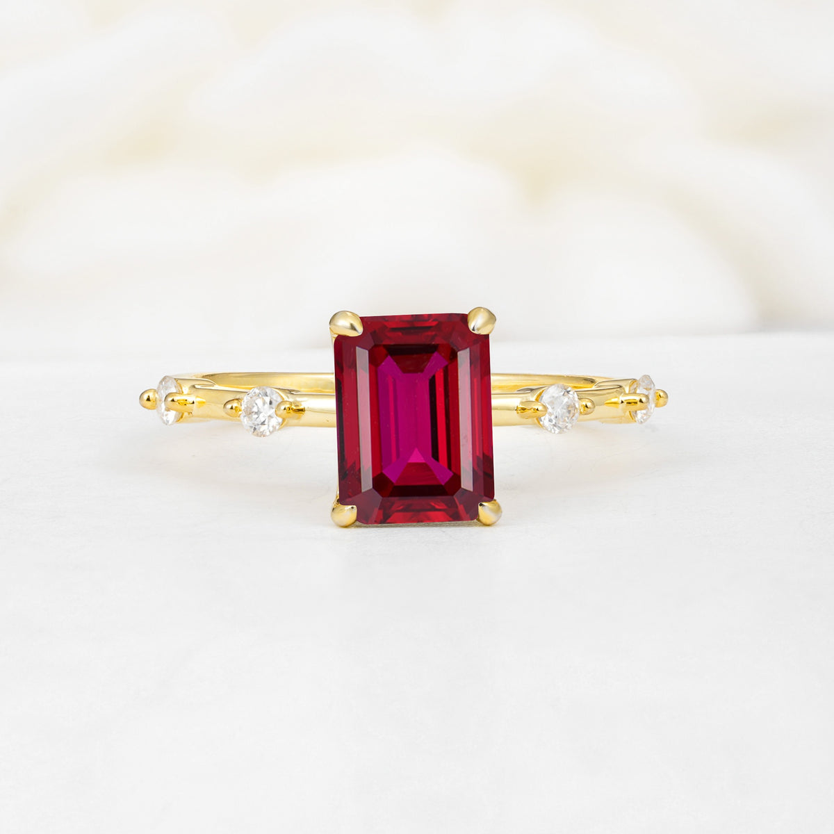 Minimalist Emerald Cut Side Stone Accent Ruby Engagement Ring - Additional view