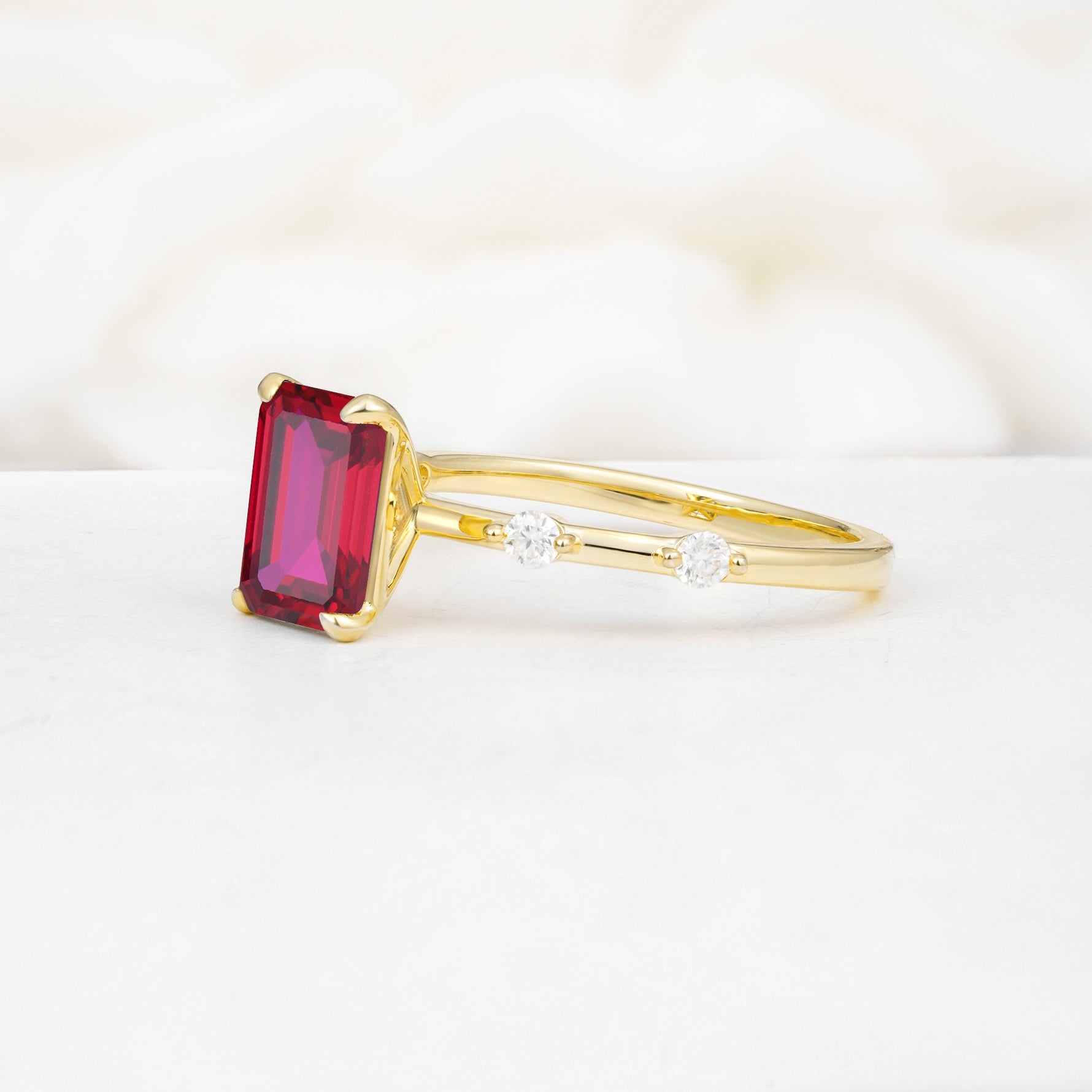 Minimalist Emerald Cut Side Stone Accent Ruby Engagement Ring - Additional view